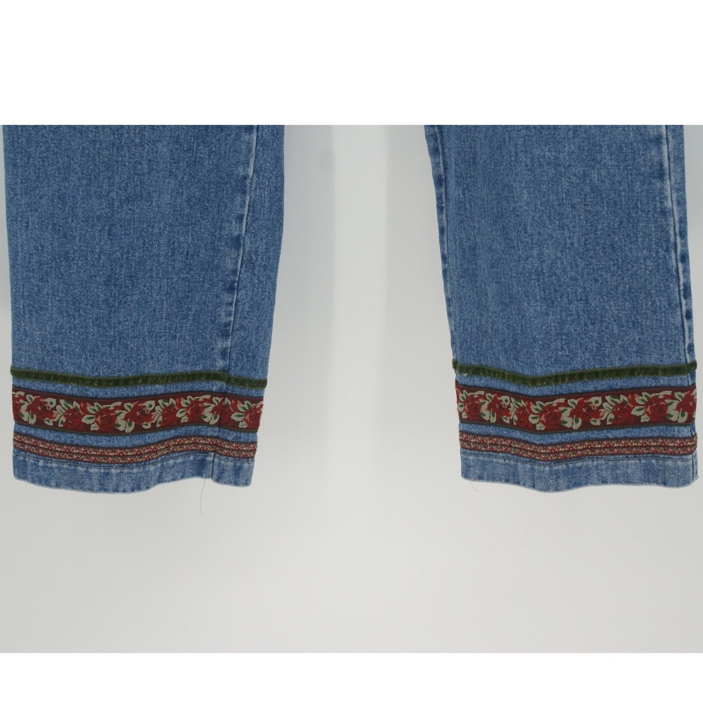 Venezia Jeans Denim Straight Leg Floral Embroidered Velvet Trim Hem 90s Vintage - Picture 9 of 11